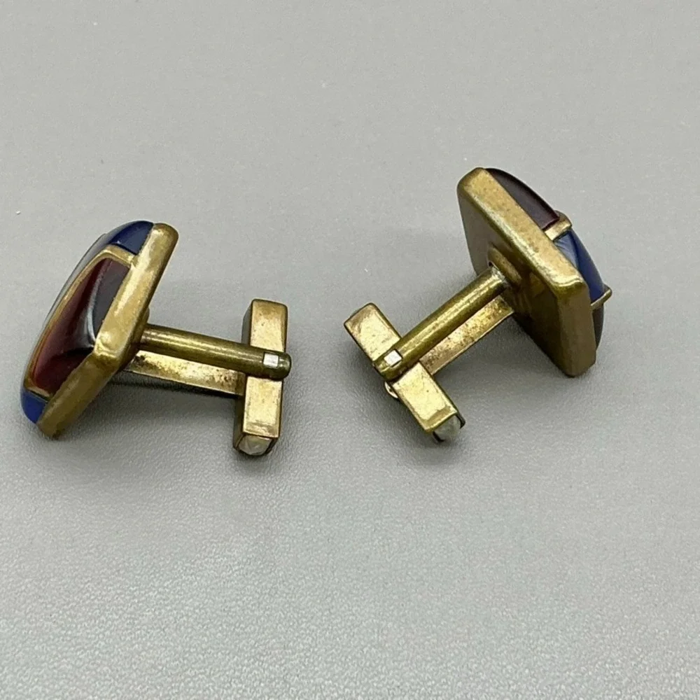 Vintage Cufflinks Mens Gold Tone Red Blue Lucite-Look Acrylic Geometric 7/8